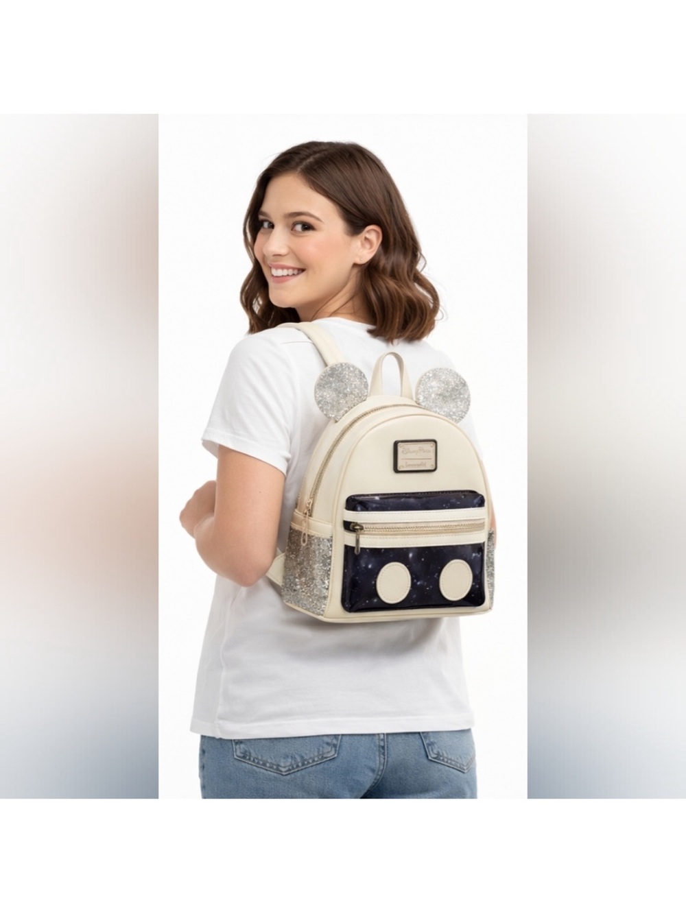 Loungefly White and Silver Mickey Ear Mini Backpack with Galaxy Pocket - Picture 2 of 14